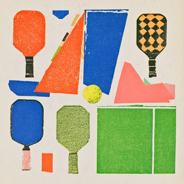 Abstract riso-like arrangement of four colorful solid pickleball paddles and one yellow ball moving through bright court geometry.