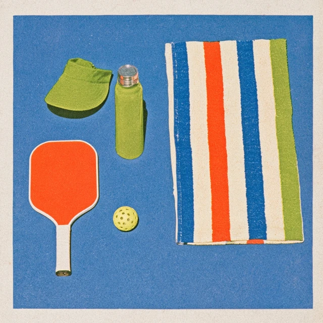 Modernist still life of a solid orange pickleball paddle, perforated yellow ball, green visor, bottle and striped towel on a marine-blue ground.