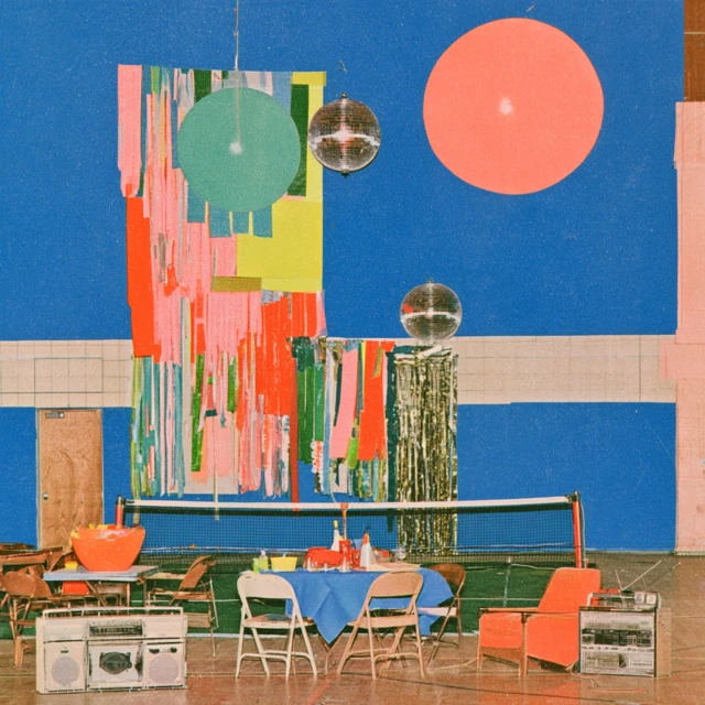 Paper-collage municipal gym with pickleball net, folding chairs, boomboxes, disco balls and a coral moon against a cobalt wall.