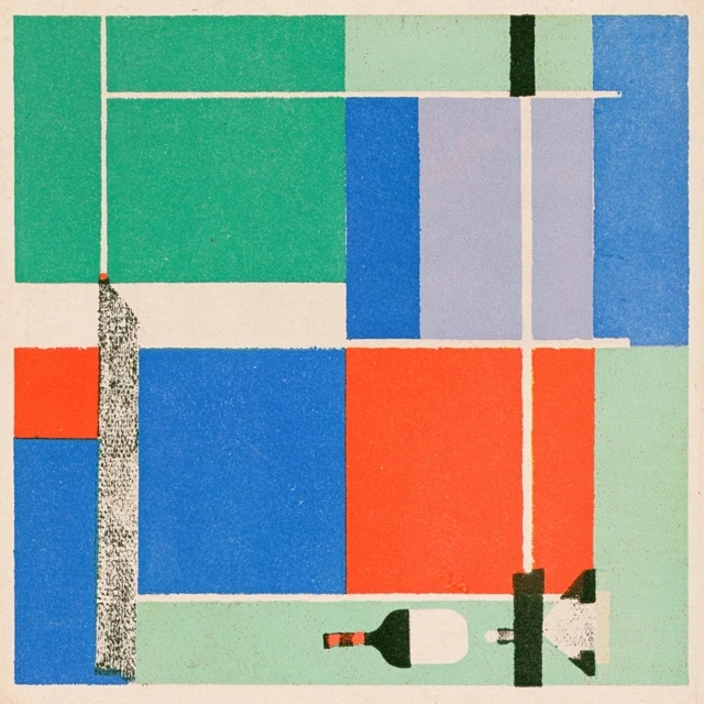 Cool modernist overhead court geometry in teal, blue, lavender and coral with two pickleball paddles resting at the lower edge.