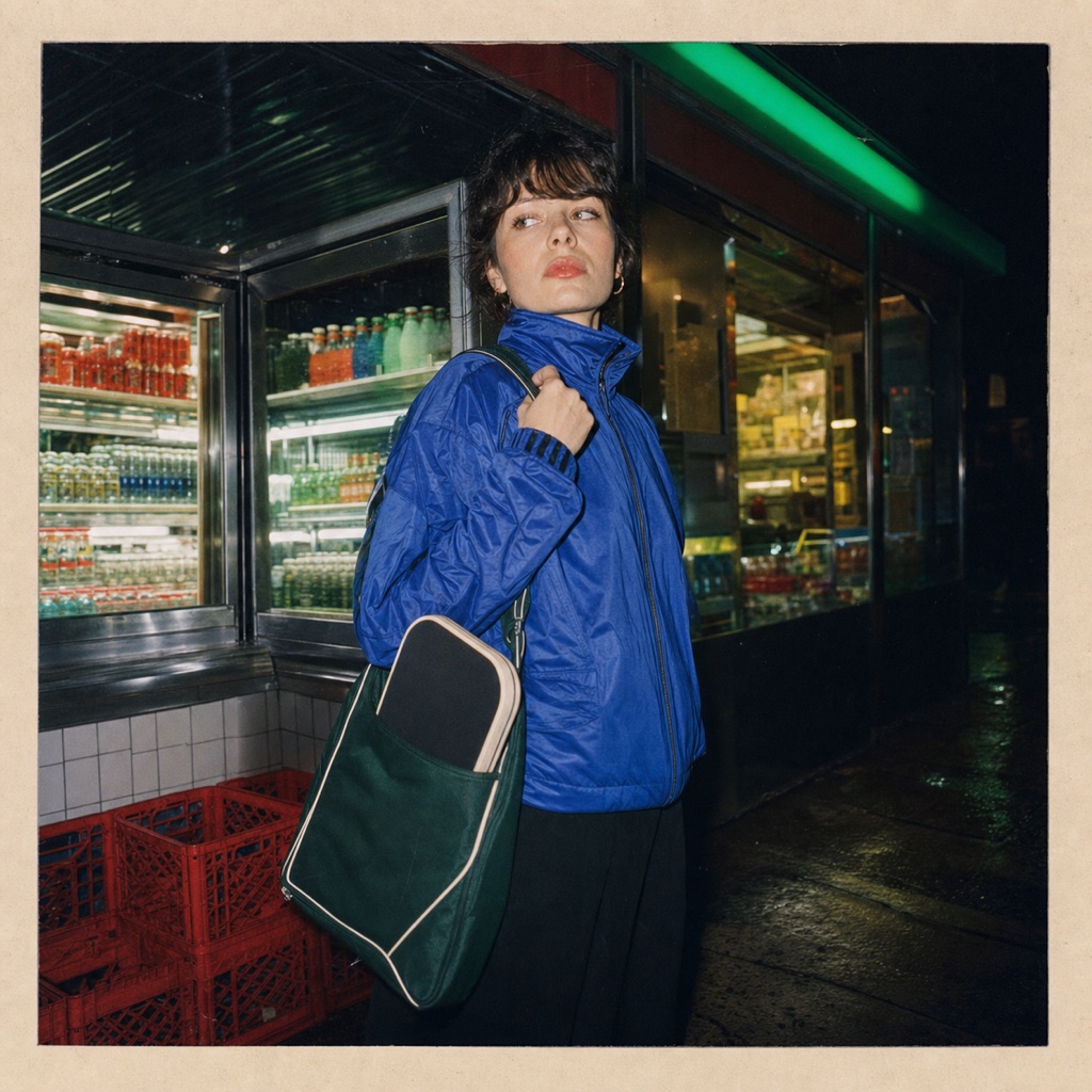 Woman in a cobalt jacket with a dark green paddle bag outside a neon-lit corner store at night.