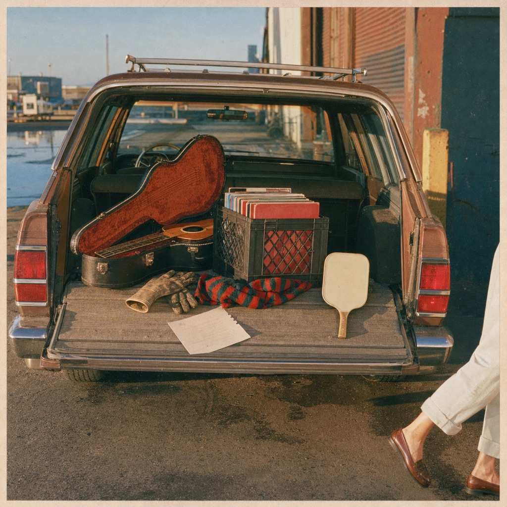 Open station wagon at a loading dock holding a guitar case, records, work gloves and a cream paddle.