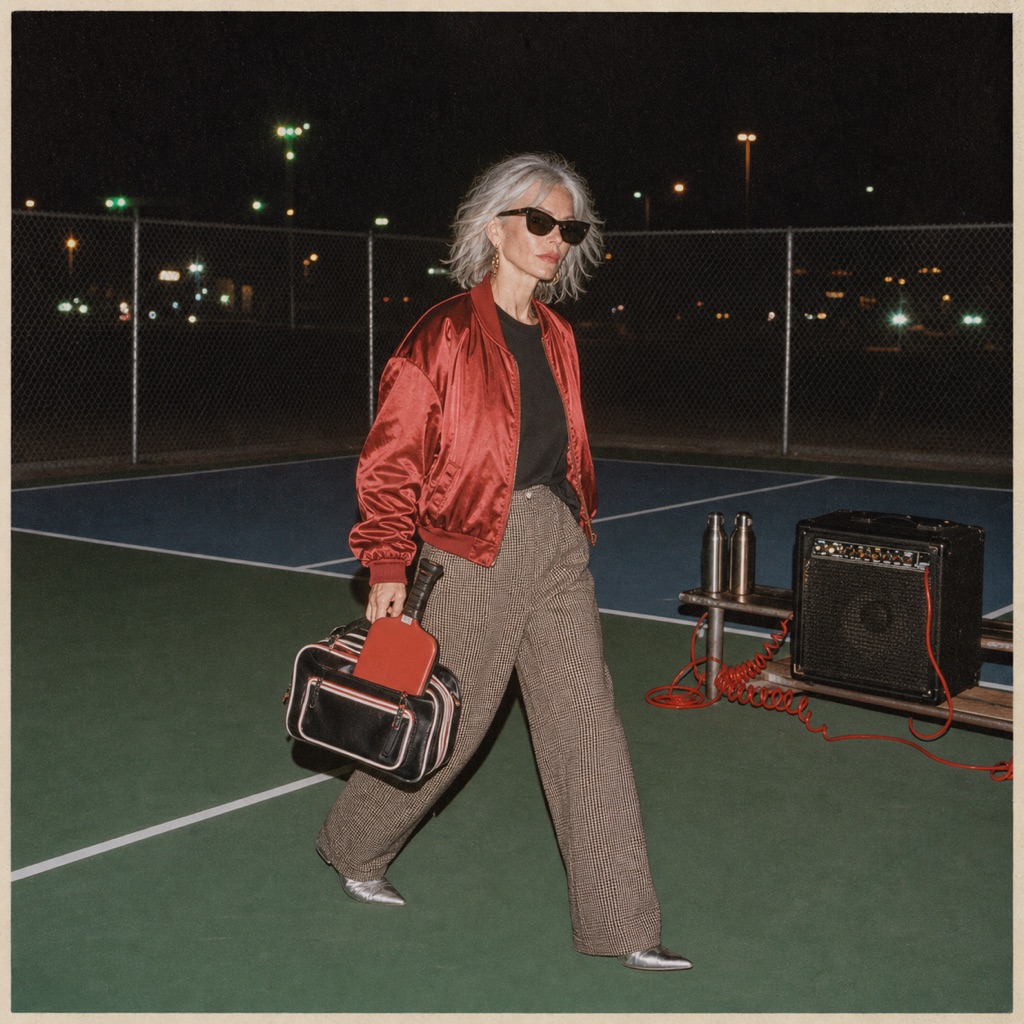 Silver-haired woman in a red satin jacket crossing an empty night court beside an amplifier and coiled red cable.