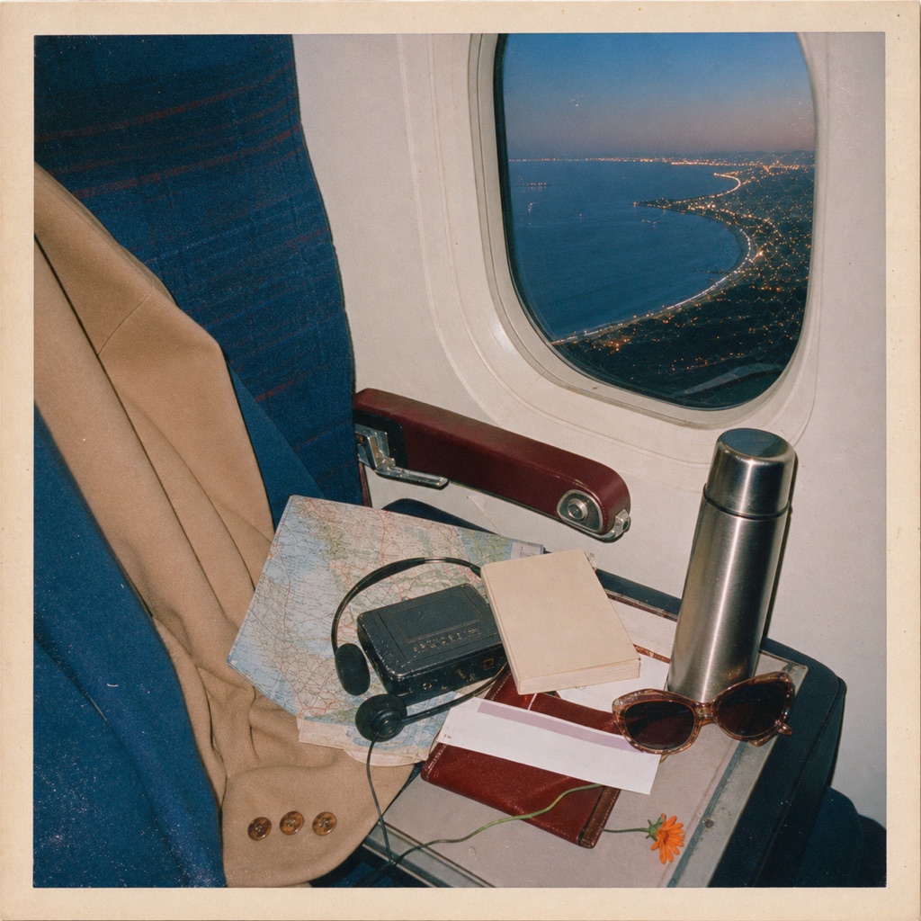 Airplane window-seat still life with camel jacket, cassette player, map, thermos, sunglasses and orange flower.